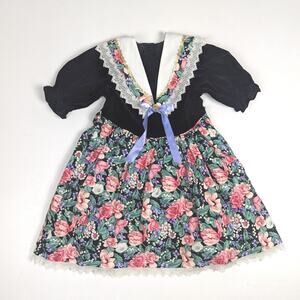Vtg Dress Girls Sz 6 Black Velvet Floral 90s Bib Collar Lace Fancy Party